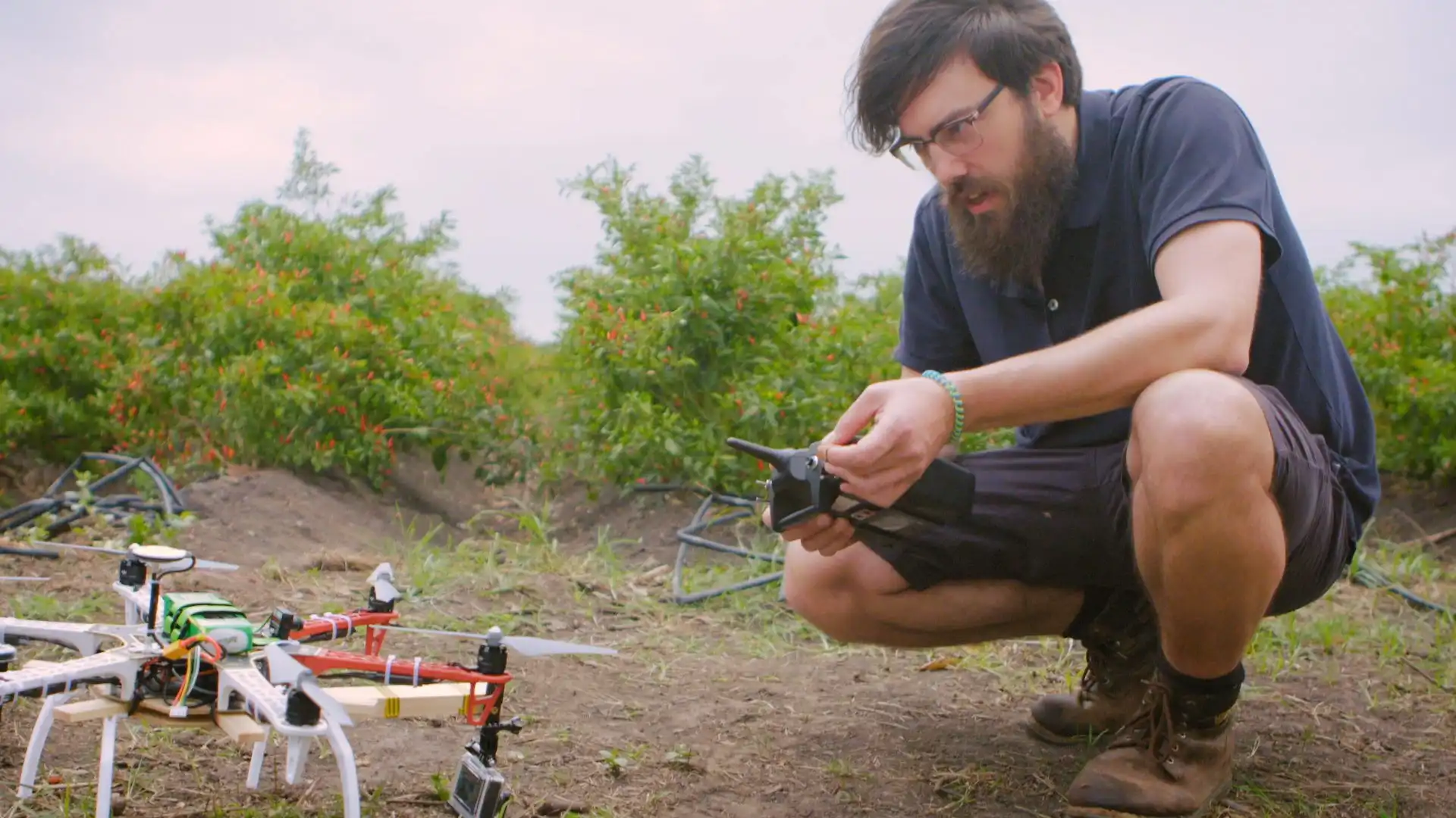 Man crouching in a field, adjusting a drone controller, with a drone on the ground nearby and bushes in the background.