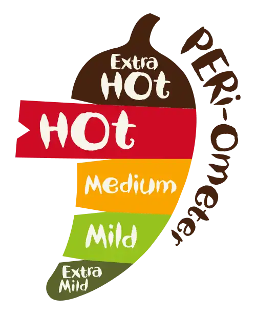 PERi-ometer graphic showing heat levels: Extra Hot, Hot, Medium, Mild, Extra Mild, in a chili pepper shape.