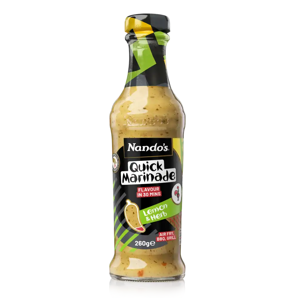 Nando's Quick Marinade bottle with Lemon & Herb flavor, 260g, featuring vibrant green and black design.