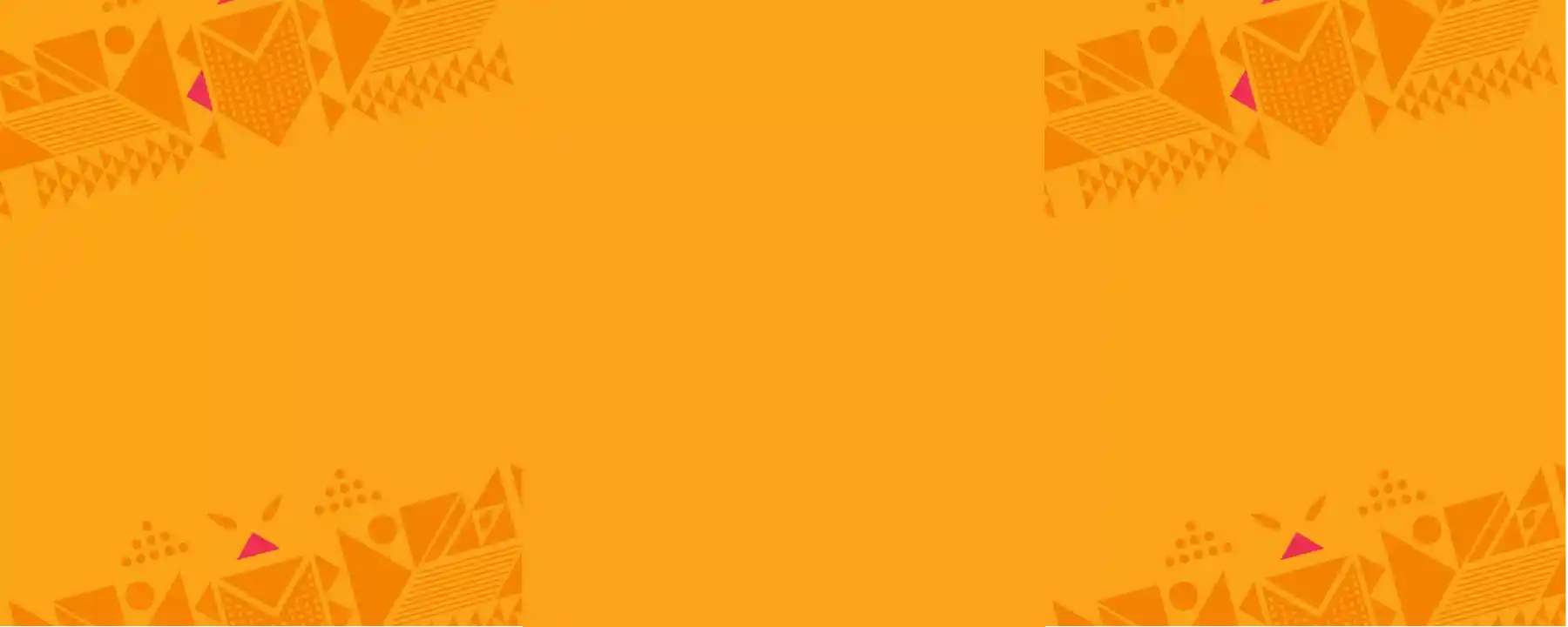 Nando's bright orange backdrop with Afro‑Portuguese geometric patterns and pink accents in the corners, blank centre for text.