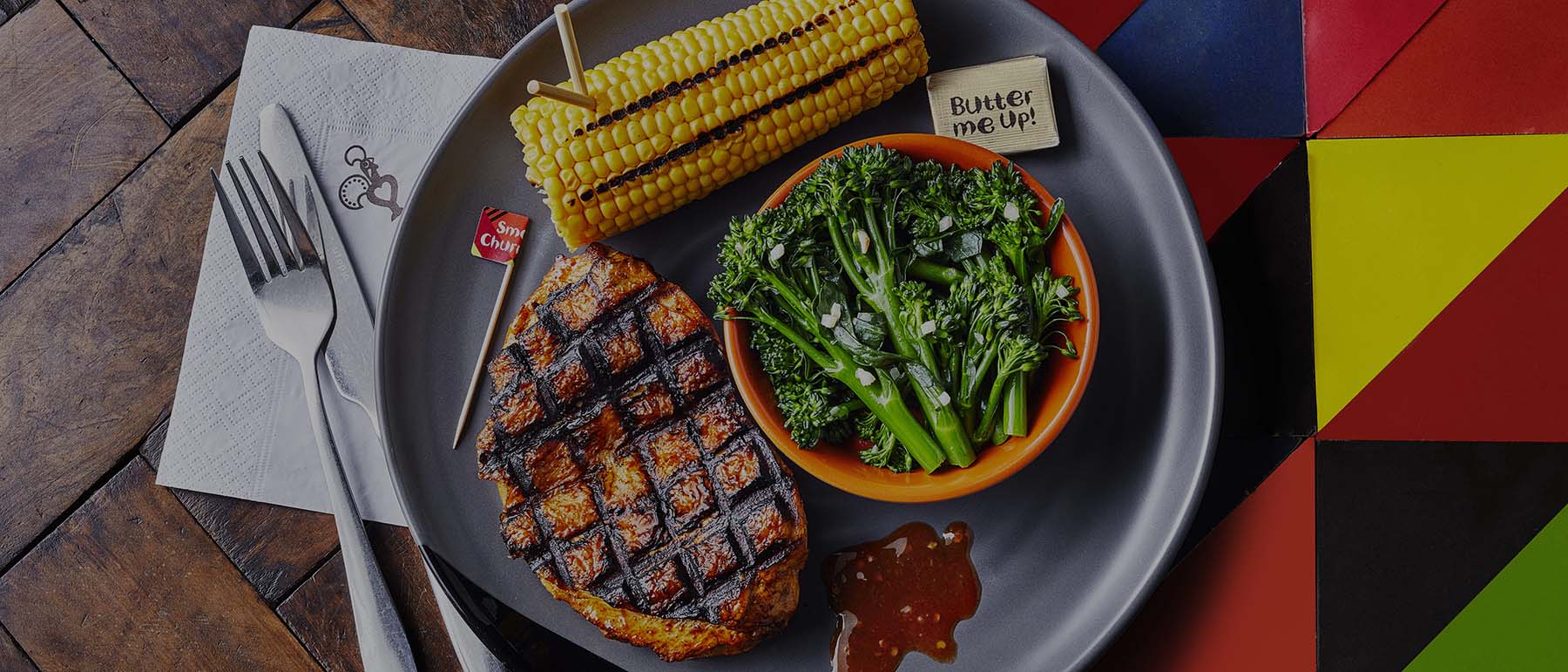 Smoky Churrasco spiced butterfly chicken with corn on the cob and brocoli