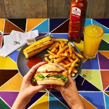 Nando's Cheesey Chickle Burger with PERi-Salted Chips, Corn on the Cob and Bottomless Fanta Zero Sugar